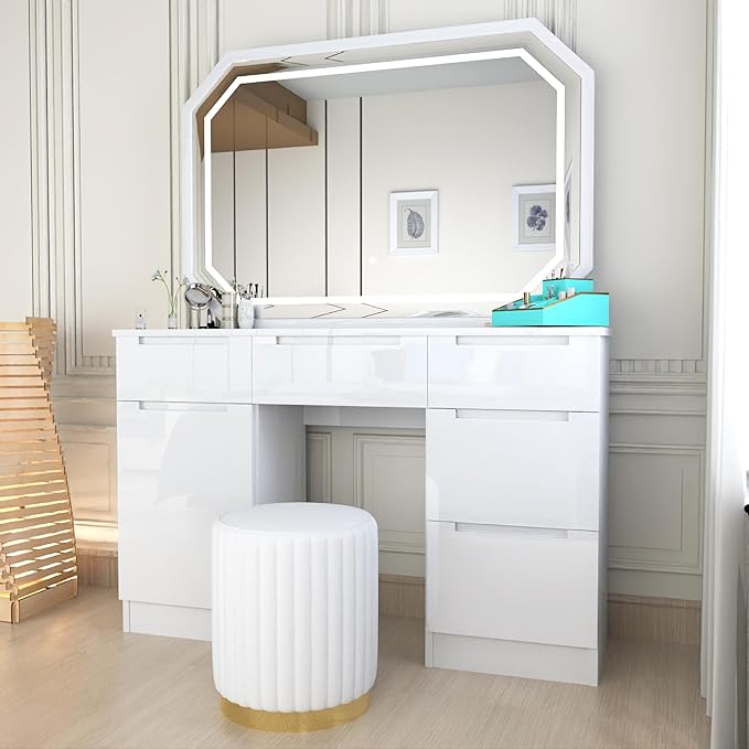 Urban Furnishing Modern White Vanity Desk with LED Mirror & Padded Stool – 7-Drawer Makeup Dressing Table