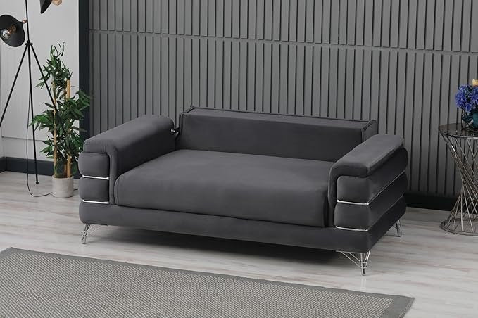 URBAN FURNISHING Modern Velvet Sofa Couch with Rollover Bed with Chrome Metal Legs & Chrome Finishing – Contemporary Sofa Bed For Living Room