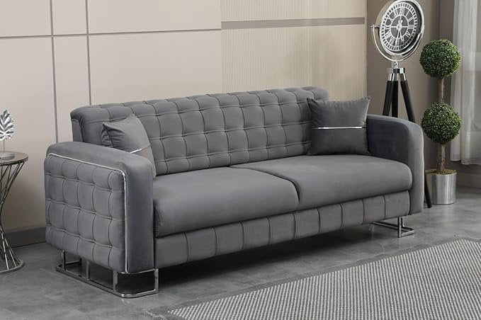 URBAN FURNISHING Modern Velvet Sofa Couch with Rollover Bed with Chrome Metal Legs & Chrome Finishing – Contemporary Sofa Bed For Living Room