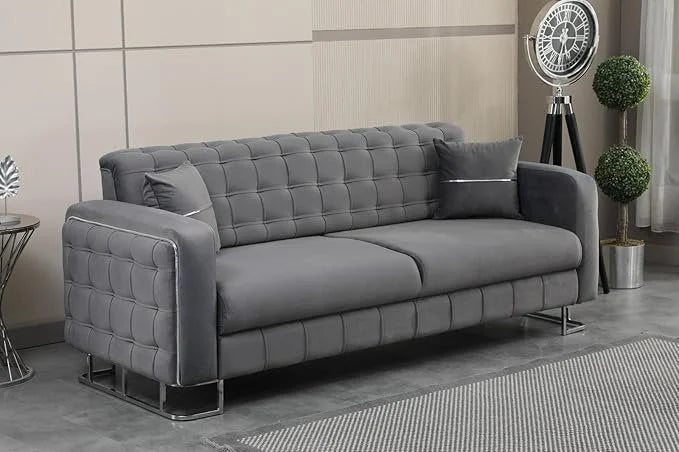 Modern Velvet Sofa BED with Chrome Metal Legs .