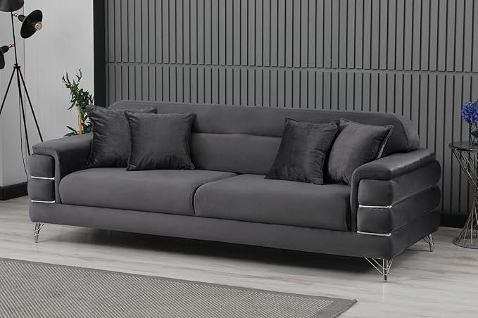 URBAN FURNISHING Modern Velvet Sofa Couch with Rollover Bed with Chrome Metal Legs & Chrome Finishing – Contemporary Sofa Bed For Living Room