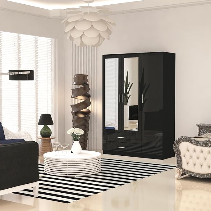 URBAN FURNISHING Modern 3-Door Wardrobe with Mirror & 2 Bottom Drawers