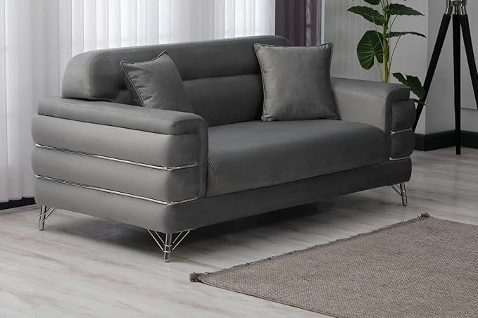 URBAN FURNISHING Modern Velvet Sofa Couch with Rollover Bed with Chrome Metal Legs & Chrome Finishing – Contemporary Sofa Bed For Living Room