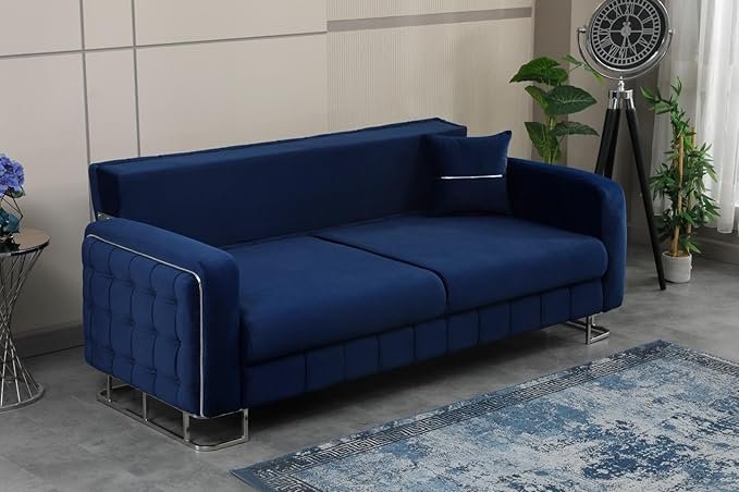 URBAN FURNISHING Modern Velvet Sofa Couch with Rollover Bed with Chrome Metal Legs & Chrome Finishing – Contemporary Sofa Bed For Living Room