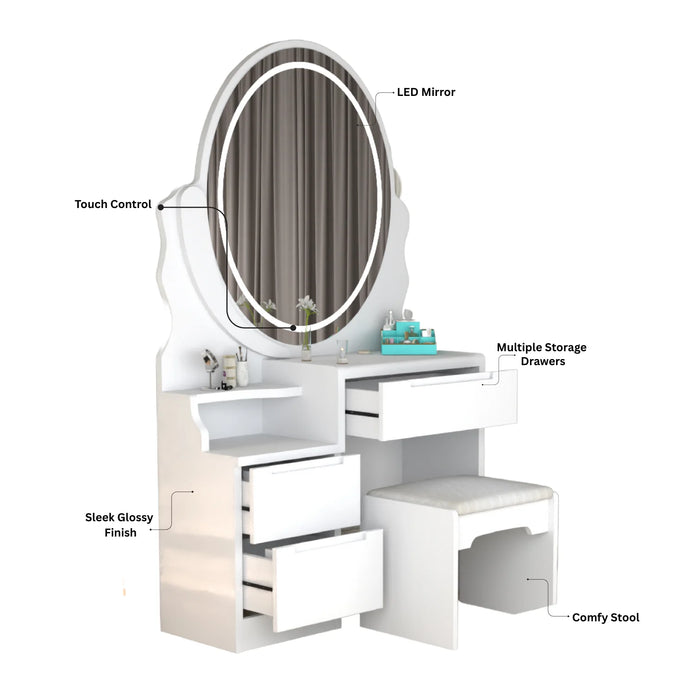 Oval LED Mirror Dressing Table With Padded Stool