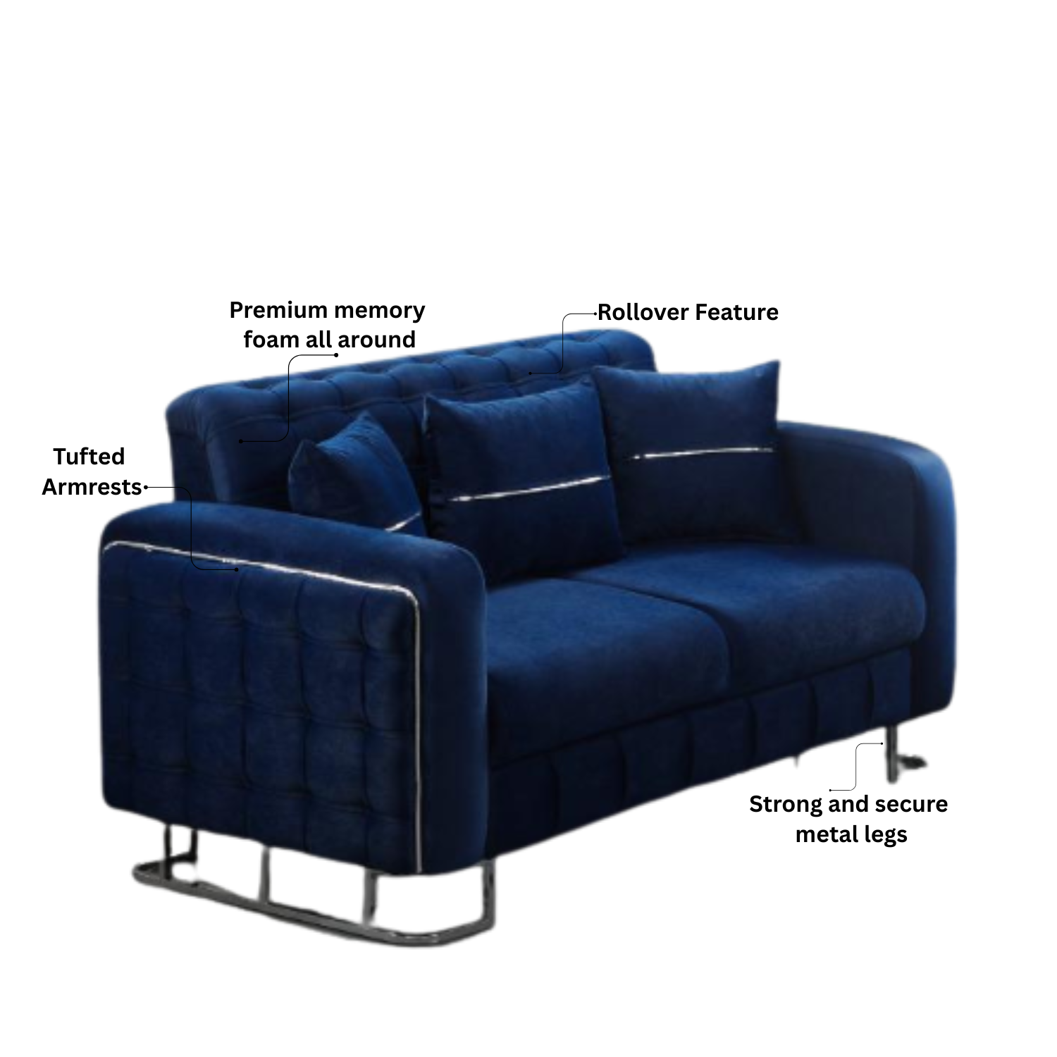 URBAN FURNISHING Modern Velvet Sofa Couch with Rollover Bed with Chrome Metal Legs & Chrome Finishing – Contemporary Sofa Bed For Living Room