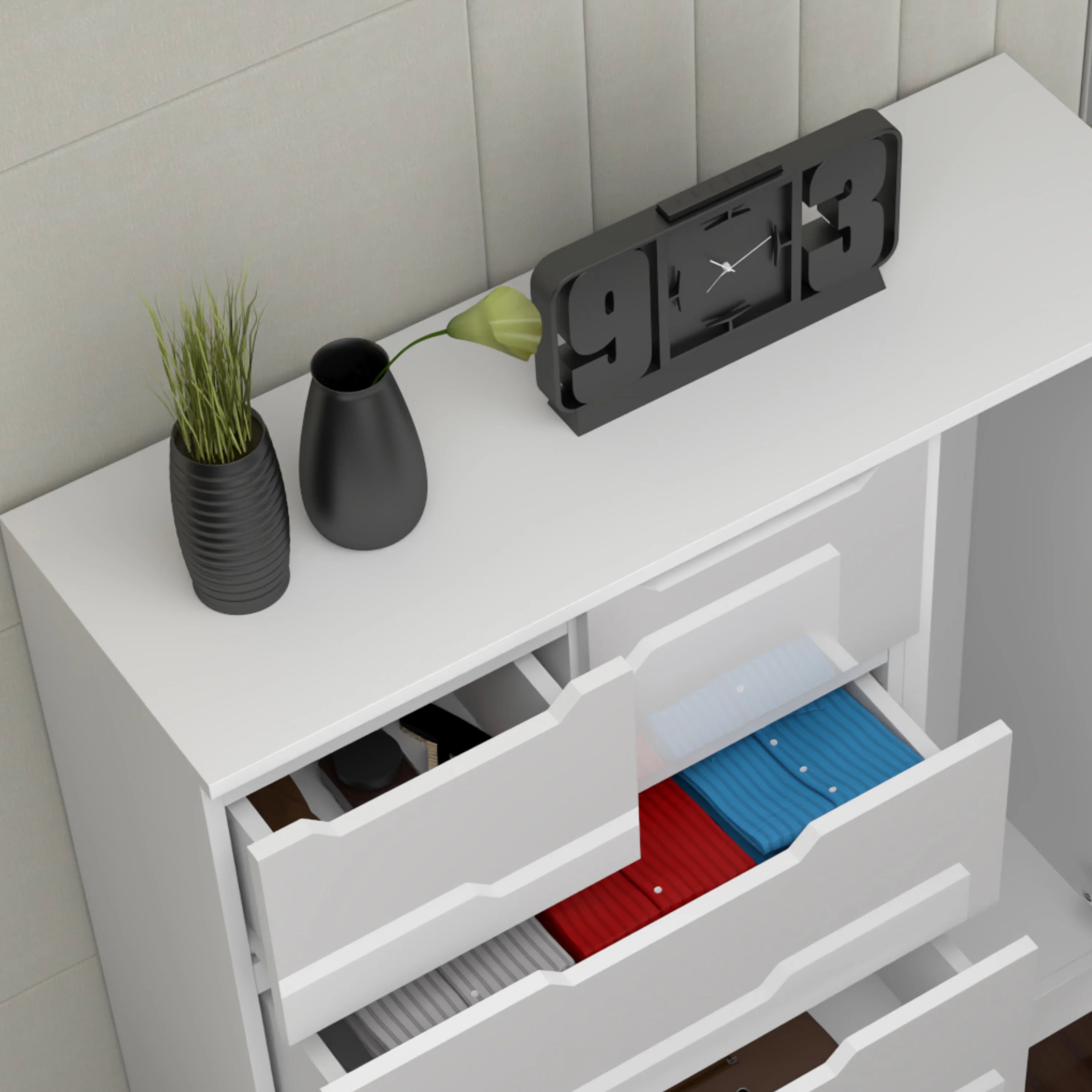URBAN FURNISHING Modern High Gloss 5 Drawer Dresser with Side Hanging Cabinet