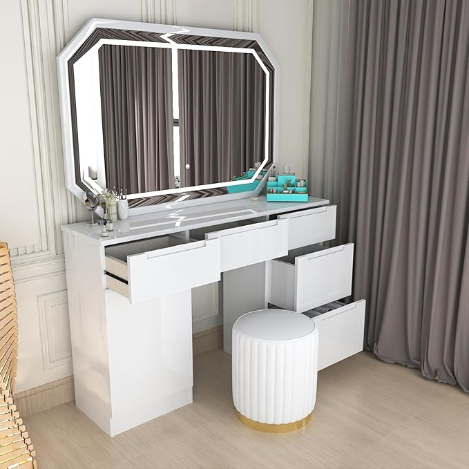 Urban Furnishing Modern White Vanity Desk with LED Mirror & Padded Stool – 7-Drawer Makeup Dressing Table
