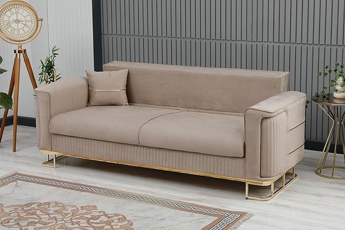 URBAN FURNISHING Modern Velvet Sofa Couch with Rollover Bed & Under Seat Storage with Chrome Metal Legs– Contemporary Sofa Bed For Living Room