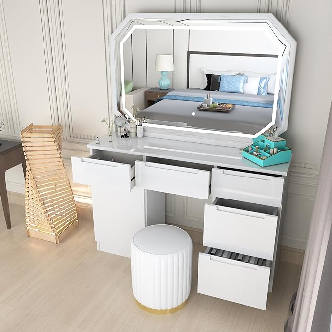 Urban Furnishing Modern White Vanity Desk with LED Mirror & Padded Stool – 7-Drawer Makeup Dressing Table
