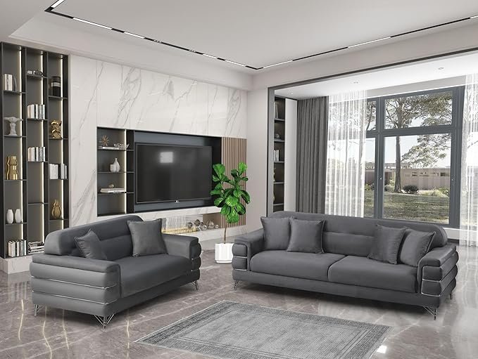 URBAN FURNISHING Modern Velvet Sofa Couch with Rollover Bed with Chrome Metal Legs & Chrome Finishing – Contemporary Sofa Bed For Living Room