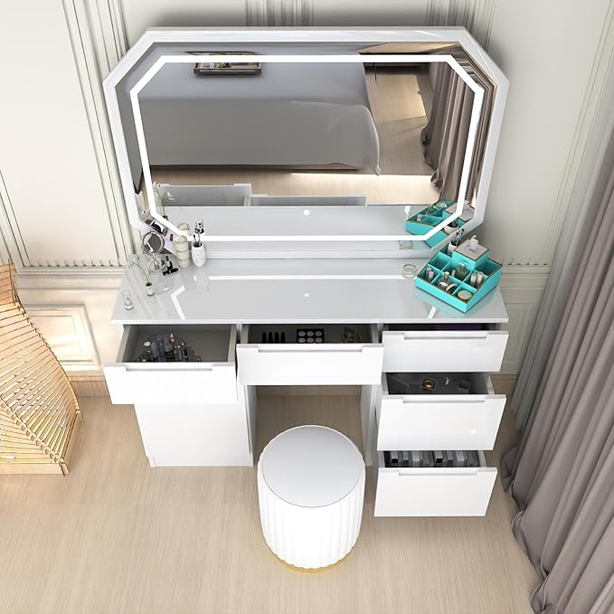Urban Furnishing Modern White Vanity Desk with LED Mirror & Padded Stool – 7-Drawer Makeup Dressing Table