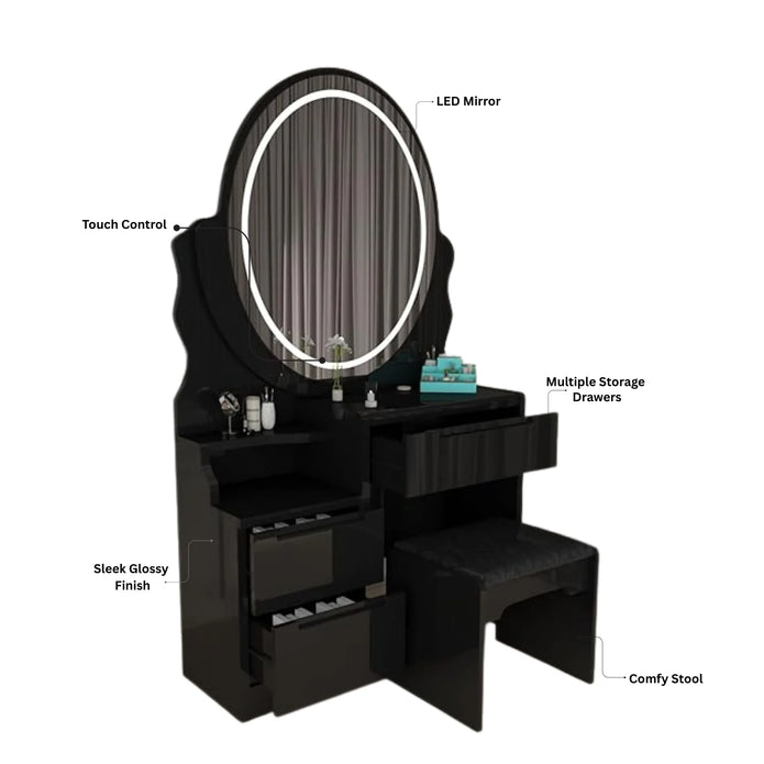 Oval LED Mirror Dressing Table With Padded Stool