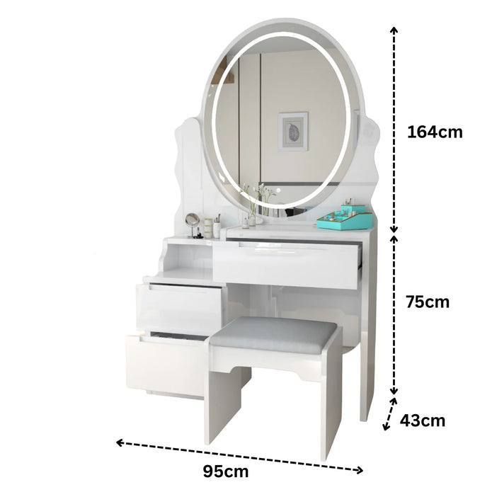Oval LED Mirror Dressing Table With Padded Stool