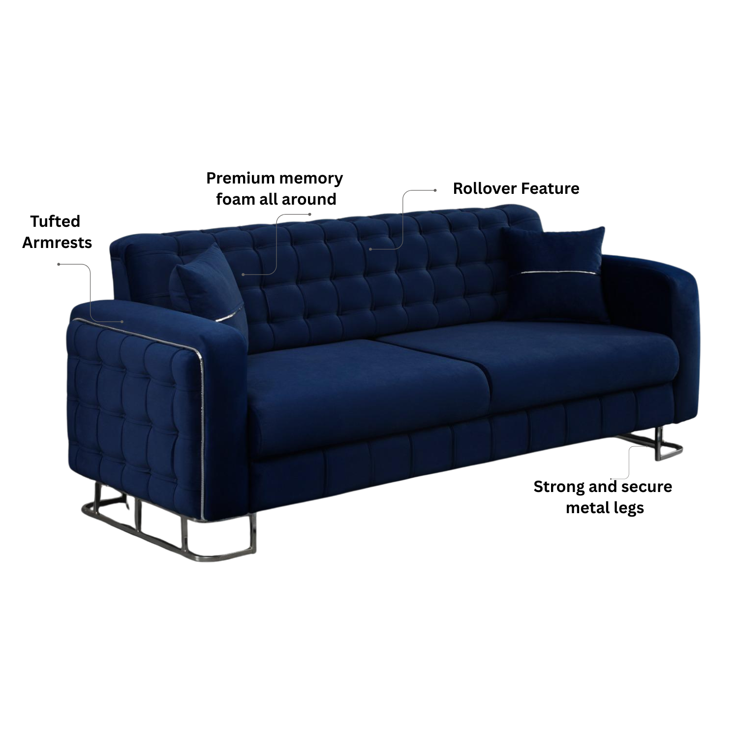 URBAN FURNISHING Modern Velvet Sofa Couch with Rollover Bed with Chrome Metal Legs & Chrome Finishing – Contemporary Sofa Bed For Living Room