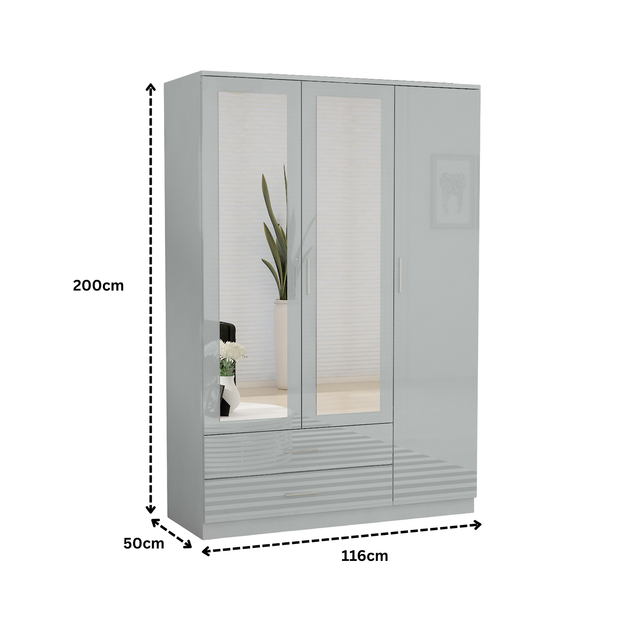 URBAN FURNISHING Modern 3-Door Wardrobe with Mirror & 2 Bottom Drawers