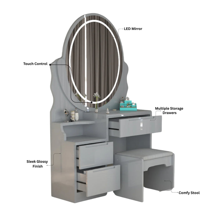 Oval LED Mirror Dressing Table With Padded Stool