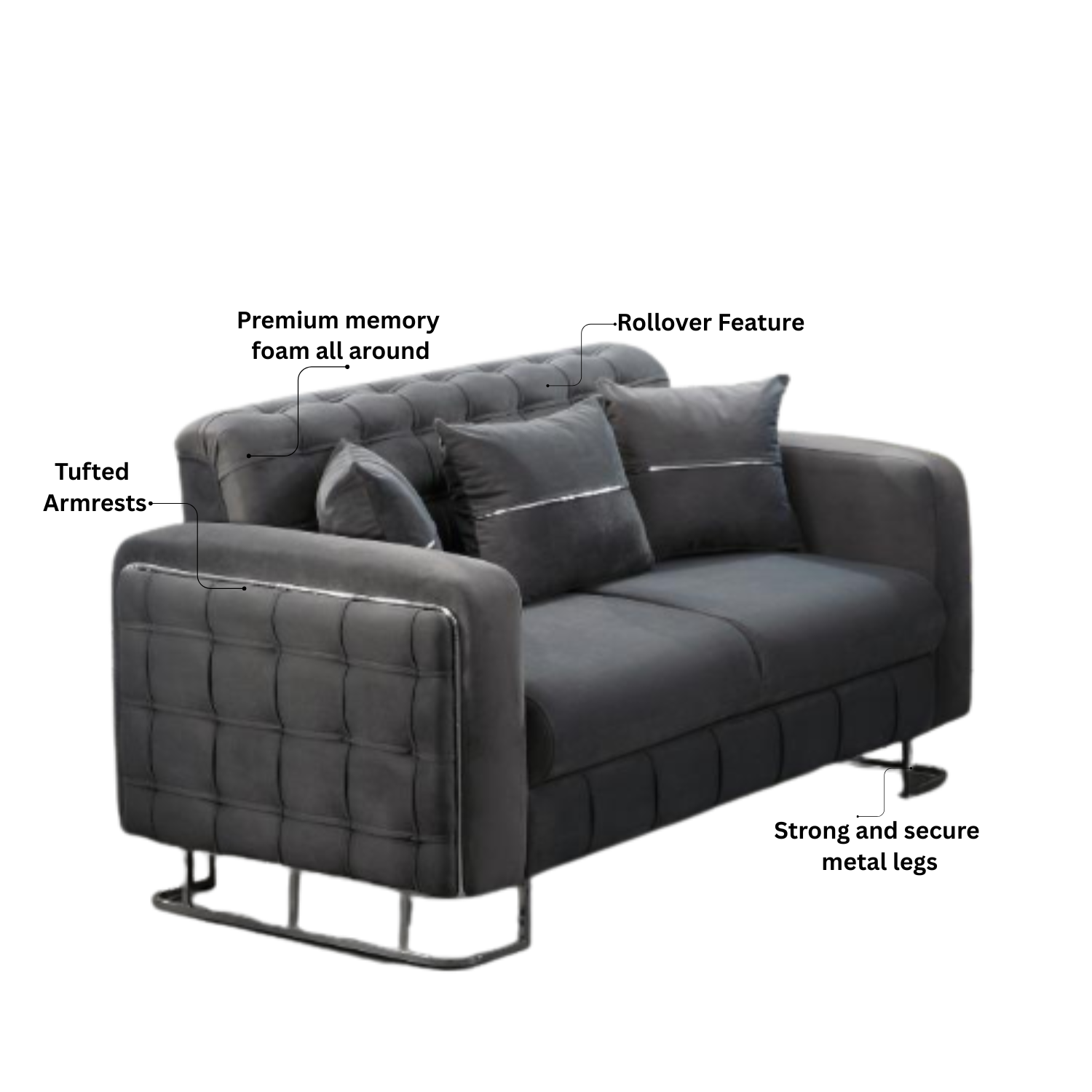 URBAN FURNISHING Modern Velvet Sofa Couch with Rollover Bed with Chrome Metal Legs & Chrome Finishing – Contemporary Sofa Bed For Living Room