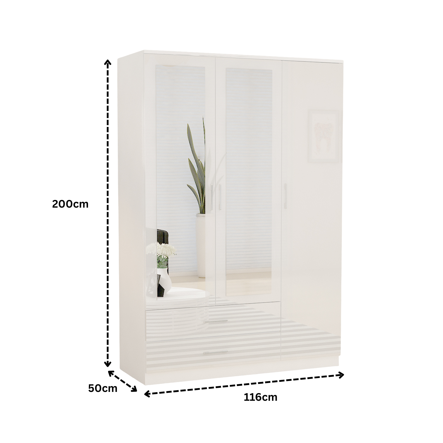 URBAN FURNISHING Modern 3-Door Wardrobe with Mirror & 2 Bottom Drawers