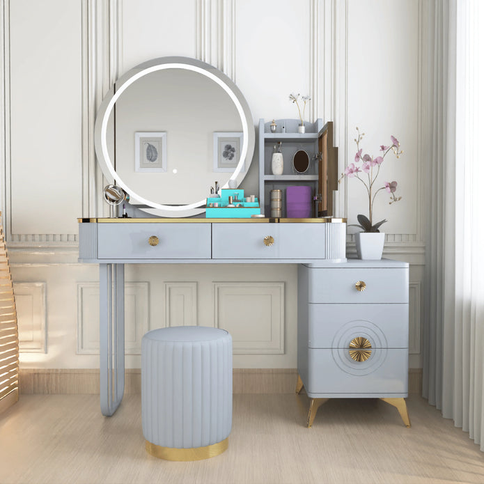 Modern LED Mirror Dressing Table With Padded Stool