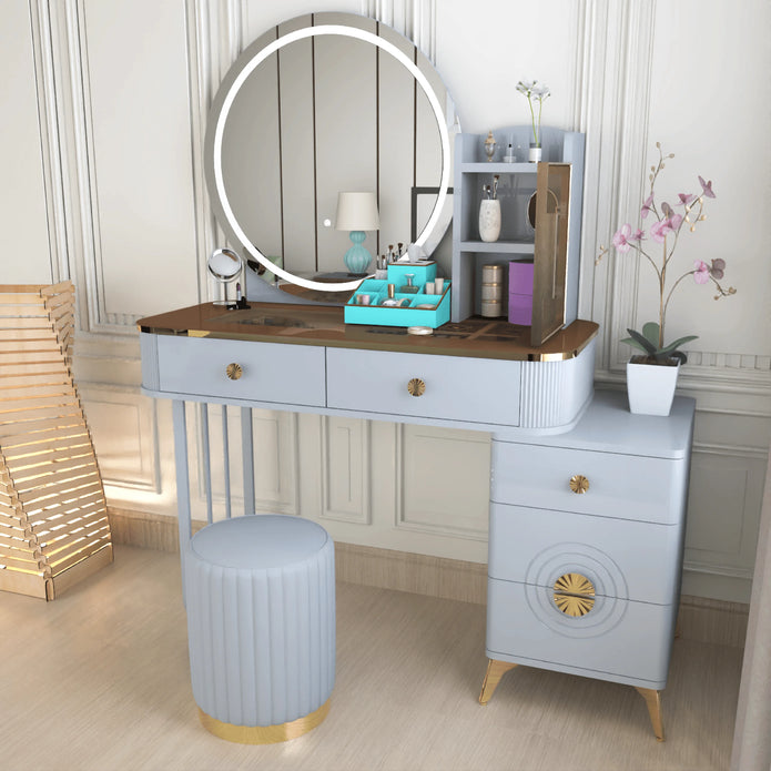 Modern LED Mirror Dressing Table With Padded Stool