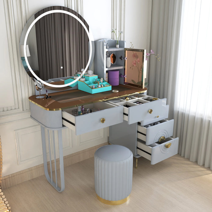 Modern LED Mirror Dressing Table With Padded Stool