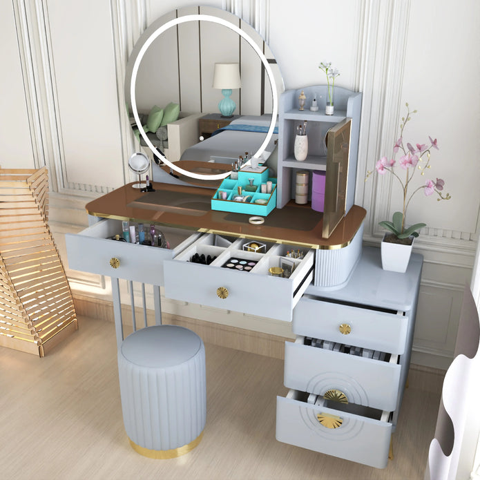 Modern LED Mirror Dressing Table With Padded Stool