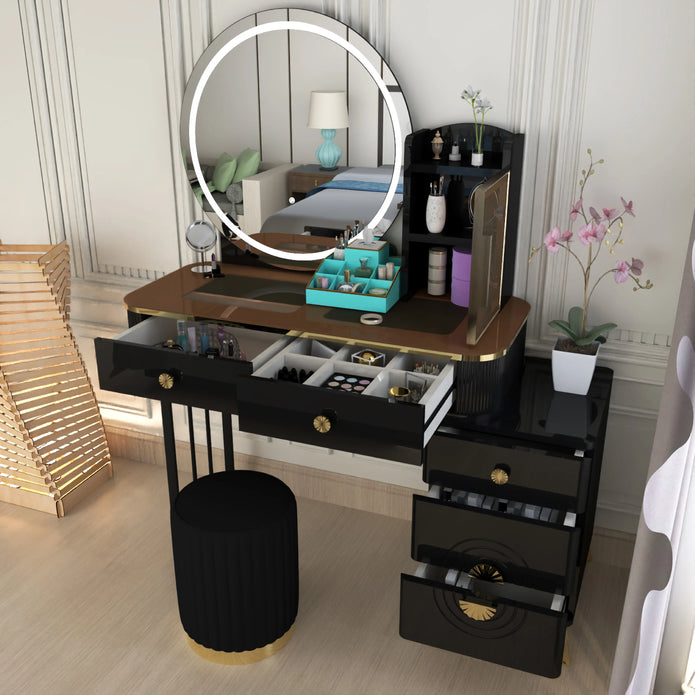 Modern LED Mirror Dressing Table With Padded Stool