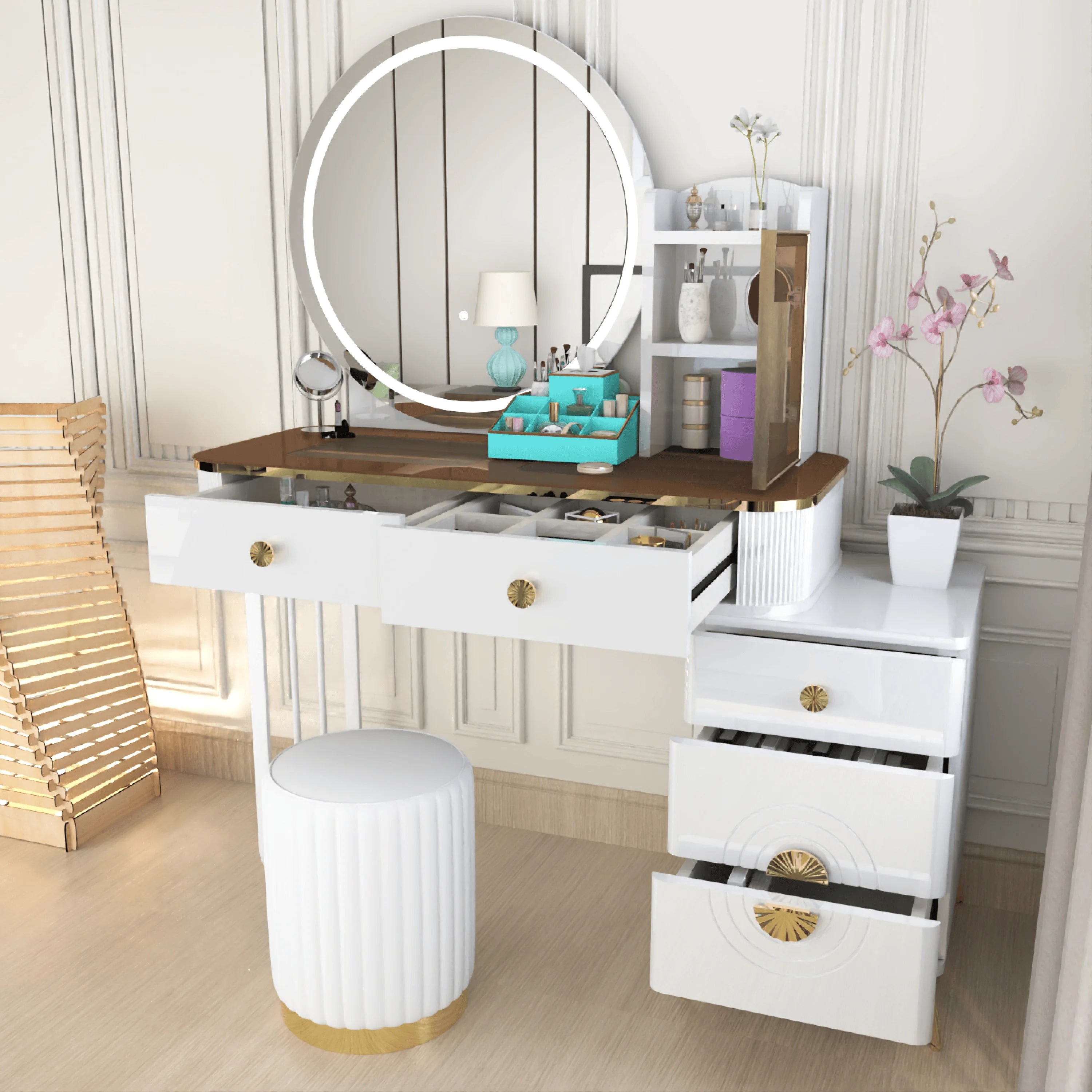 Modern LED Mirror Dressing Table With Padded Stool