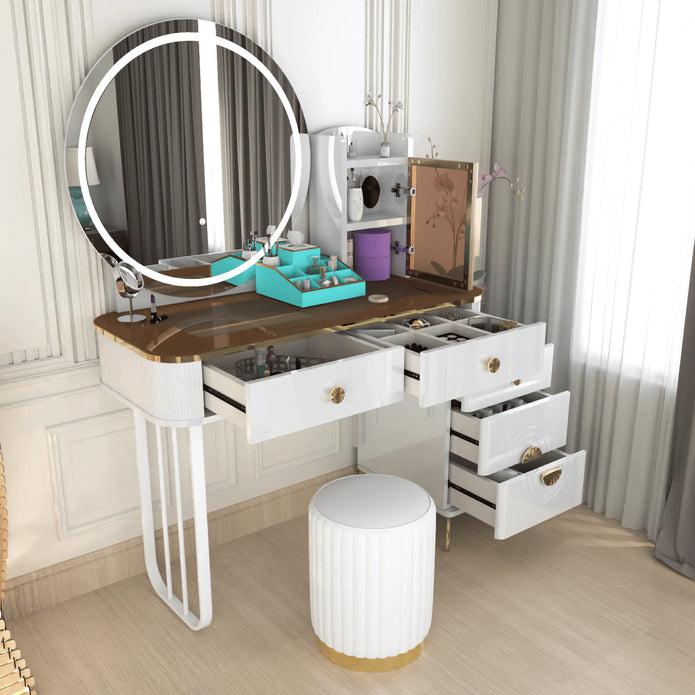 Modern LED Mirror Dressing Table With Padded Stool