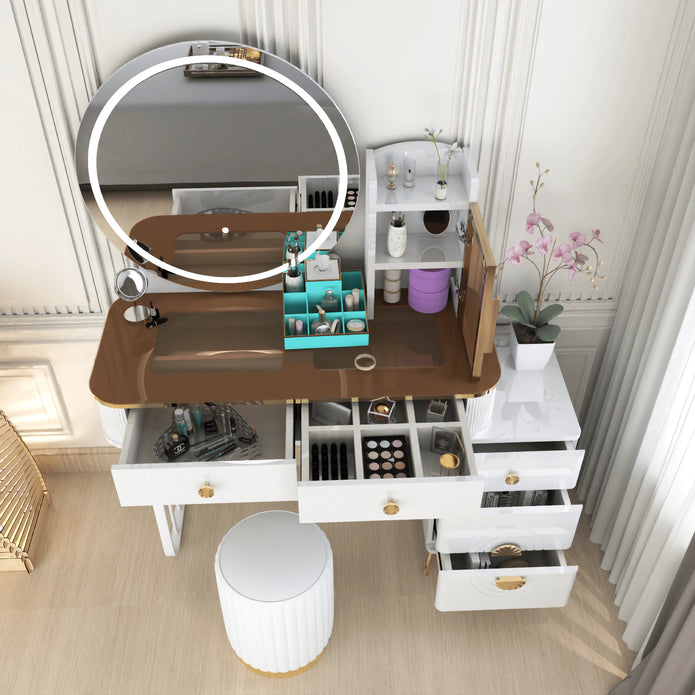 Modern LED Mirror Dressing Table With Padded Stool