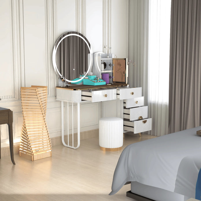 Modern LED Mirror Dressing Table With Padded Stool