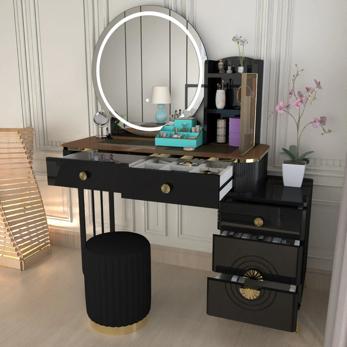 Modern LED Mirror Dressing Table With Padded Stool