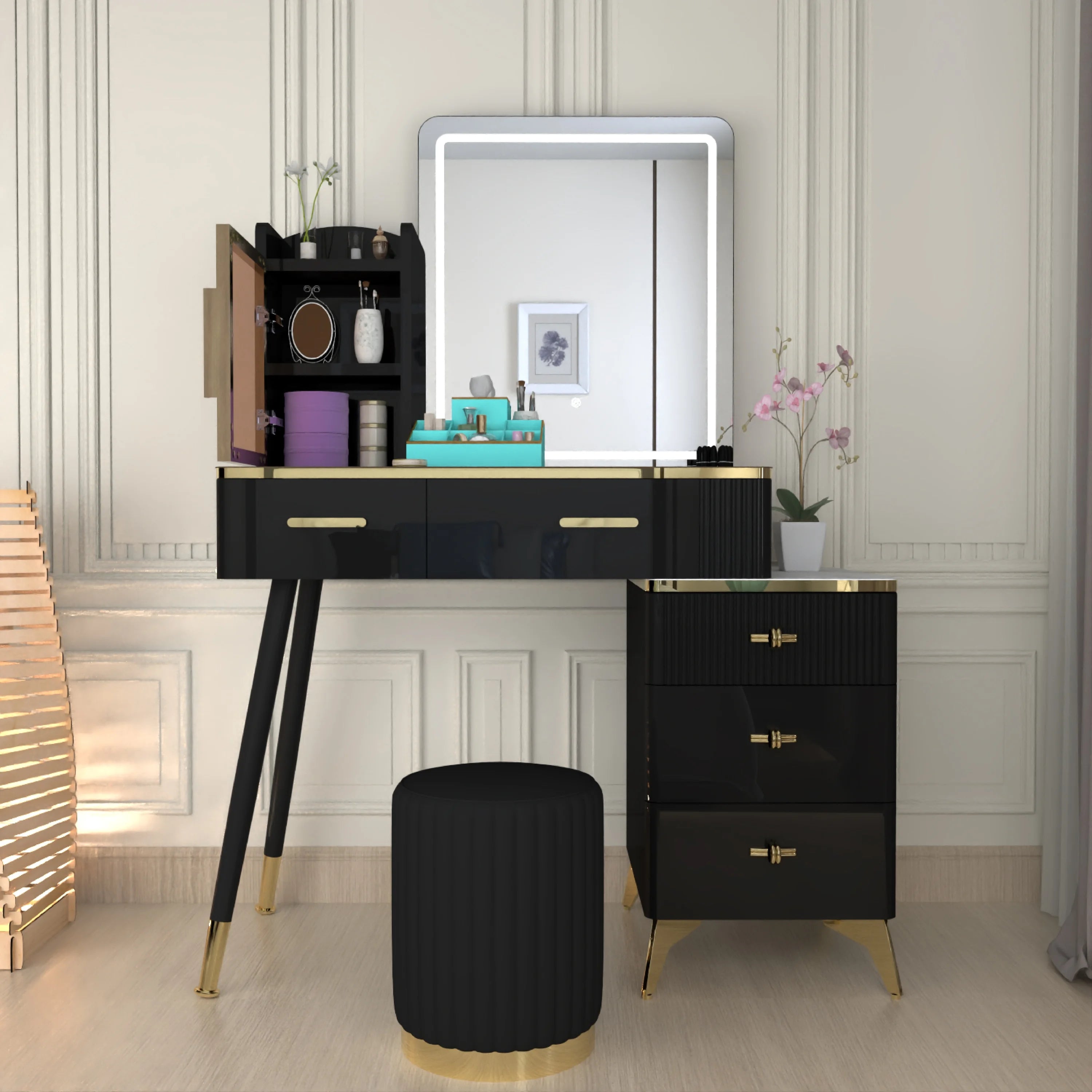 Urban Furnishing Modern Vanity Table with LED Lighted Mirror –  Wide Makeup Desk with Storage Cabinet