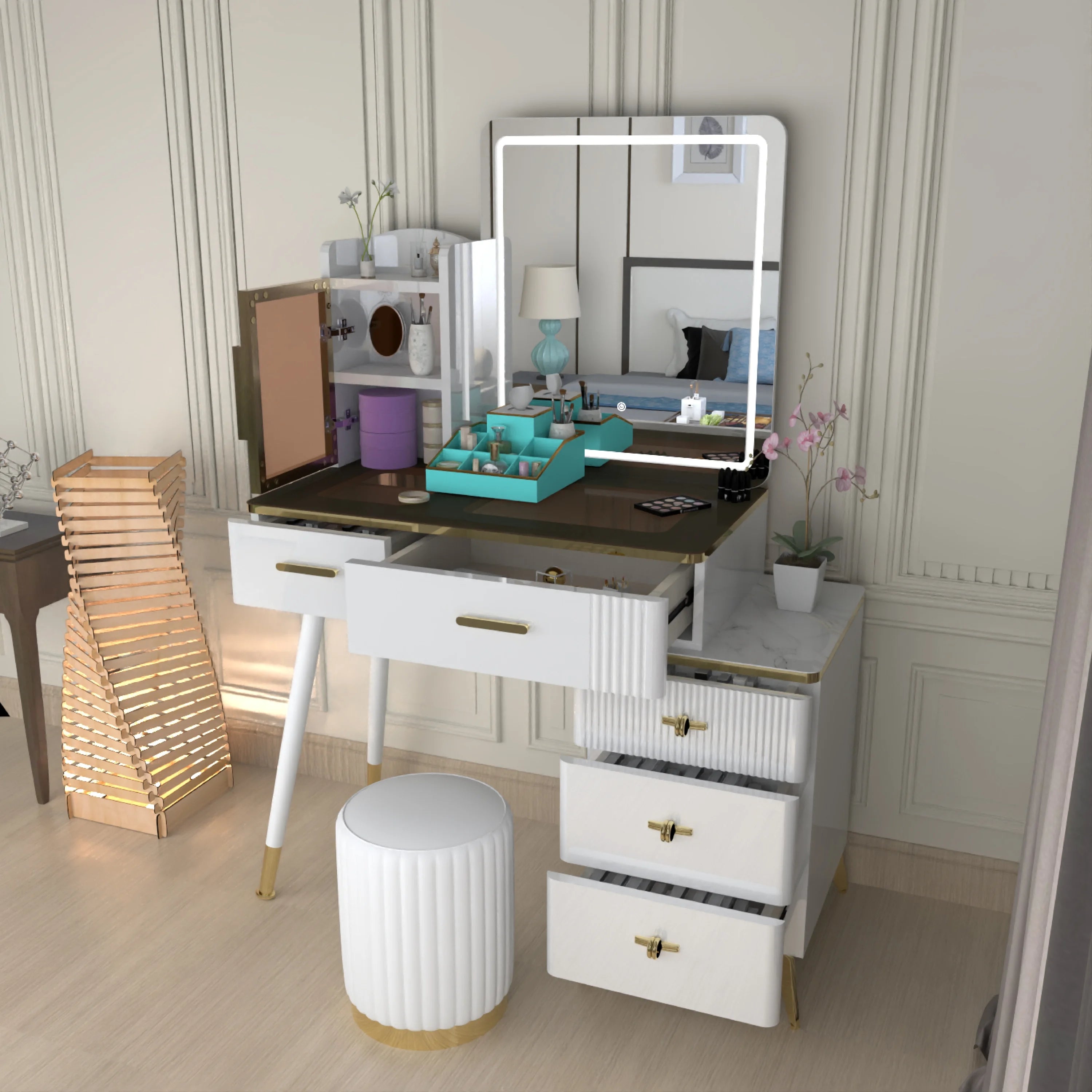 Urban Furnishing Modern Vanity Table with LED Lighted Mirror –  Wide Makeup Desk with Storage Cabinet