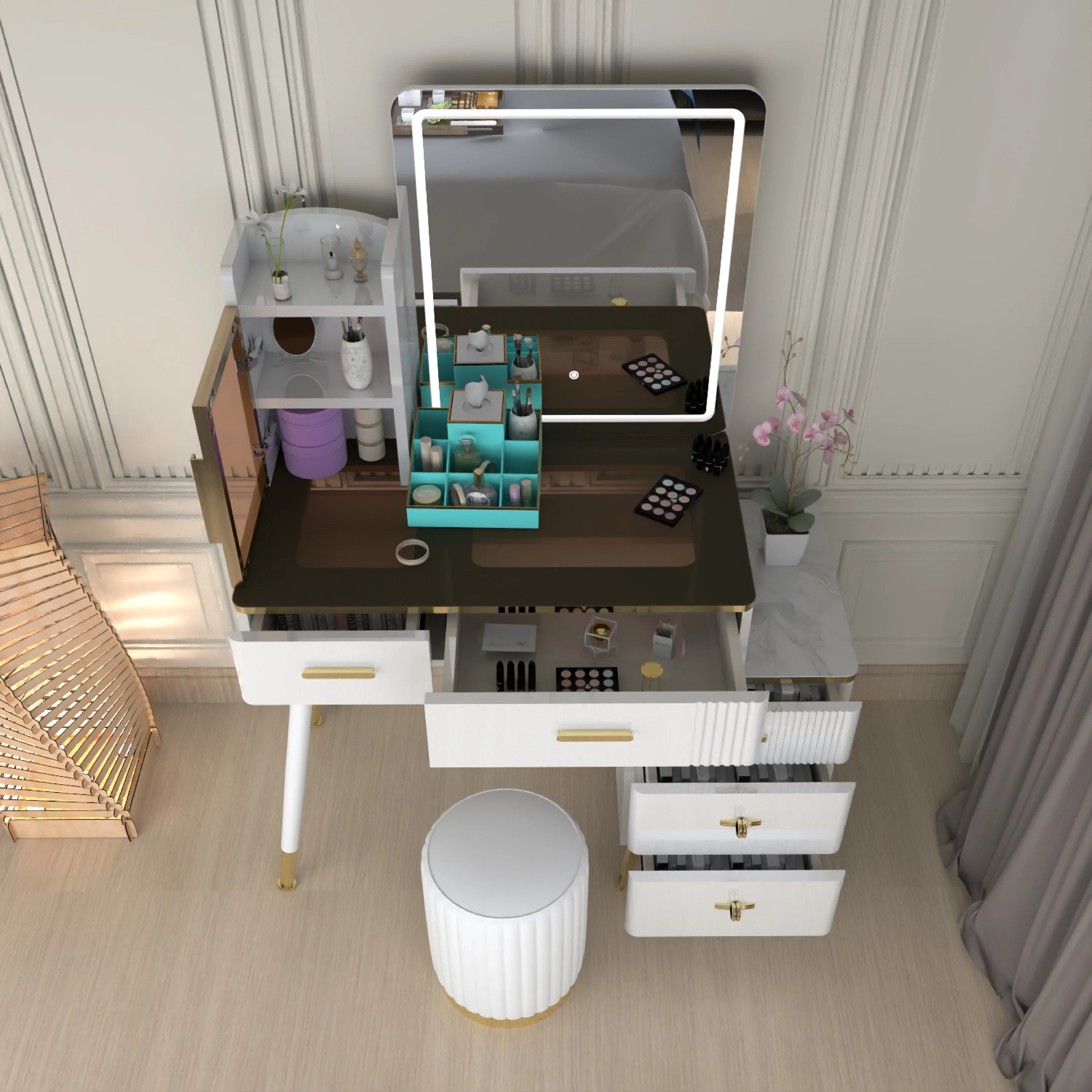 Urban Furnishing Modern Vanity Table with LED Lighted Mirror –  Wide Makeup Desk with Storage Cabinet