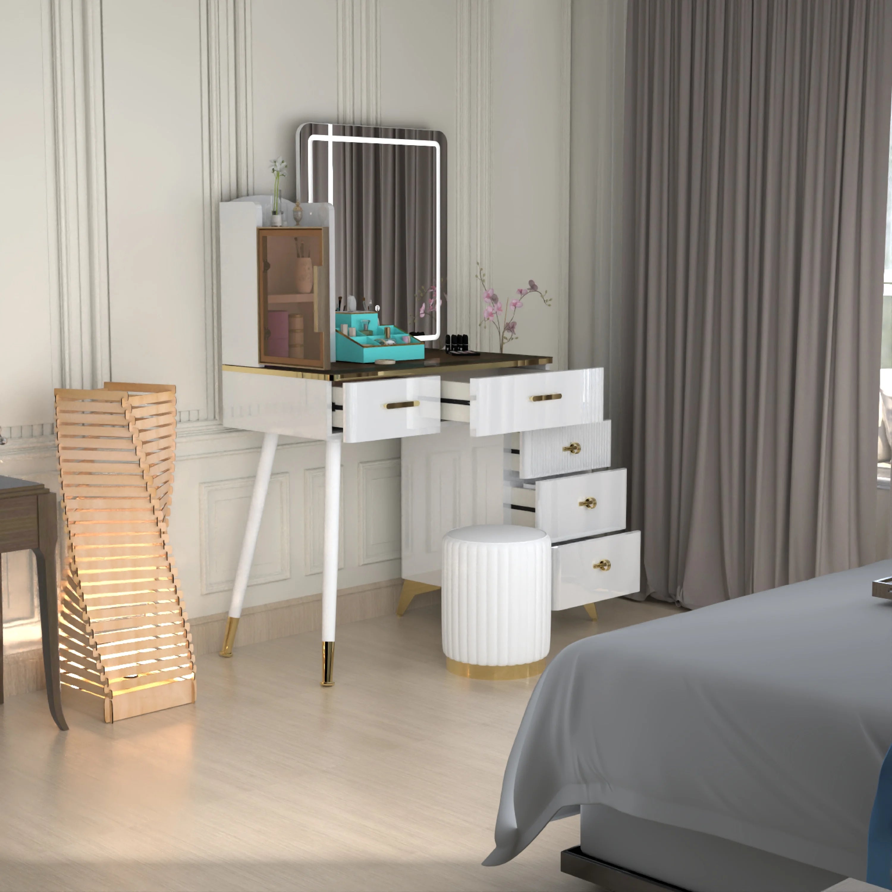 Urban Furnishing Modern Vanity Table with LED Lighted Mirror –  Wide Makeup Desk with Storage Cabinet
