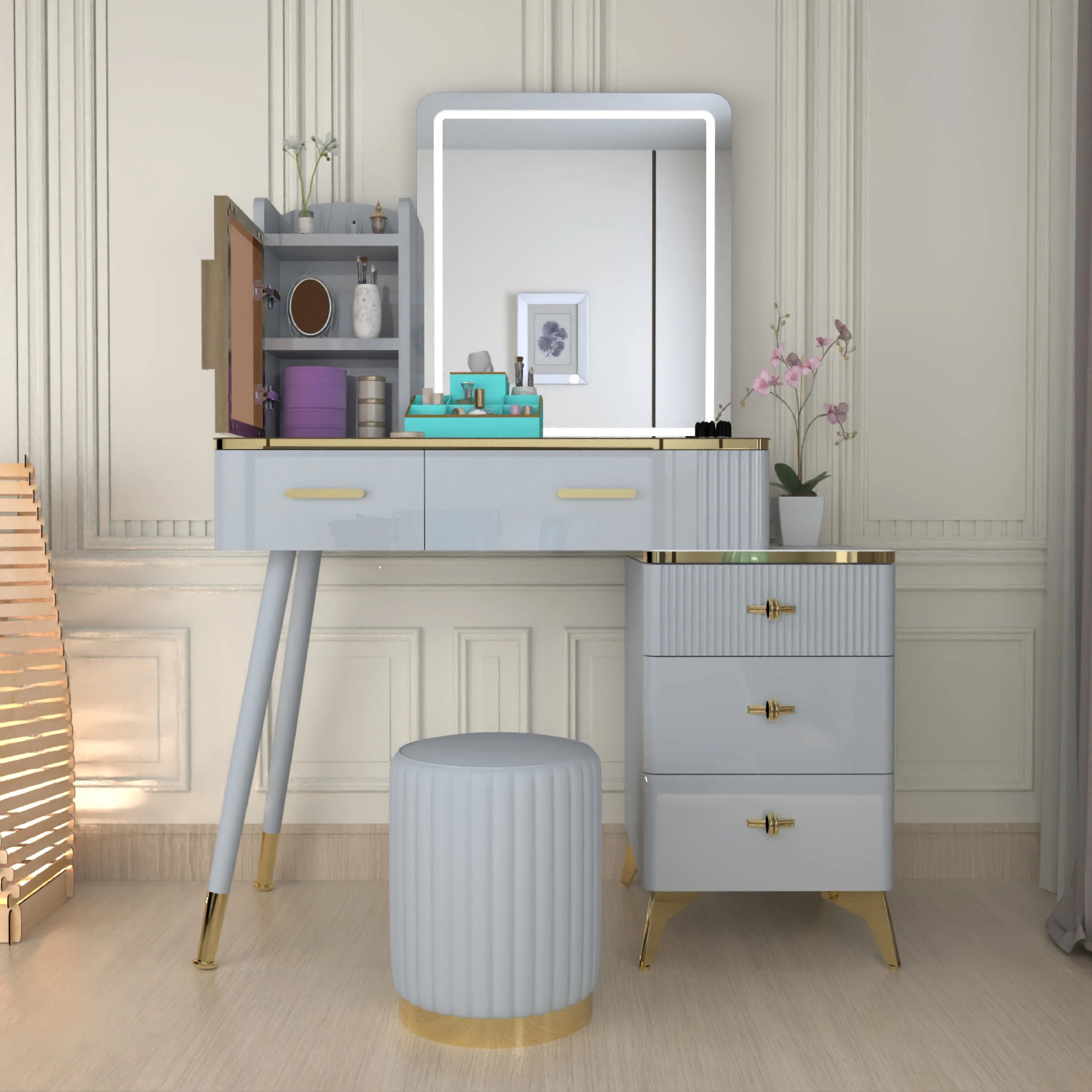 Urban Furnishing Modern Vanity Table with LED Lighted Mirror –  Wide Makeup Desk with Storage Cabinet