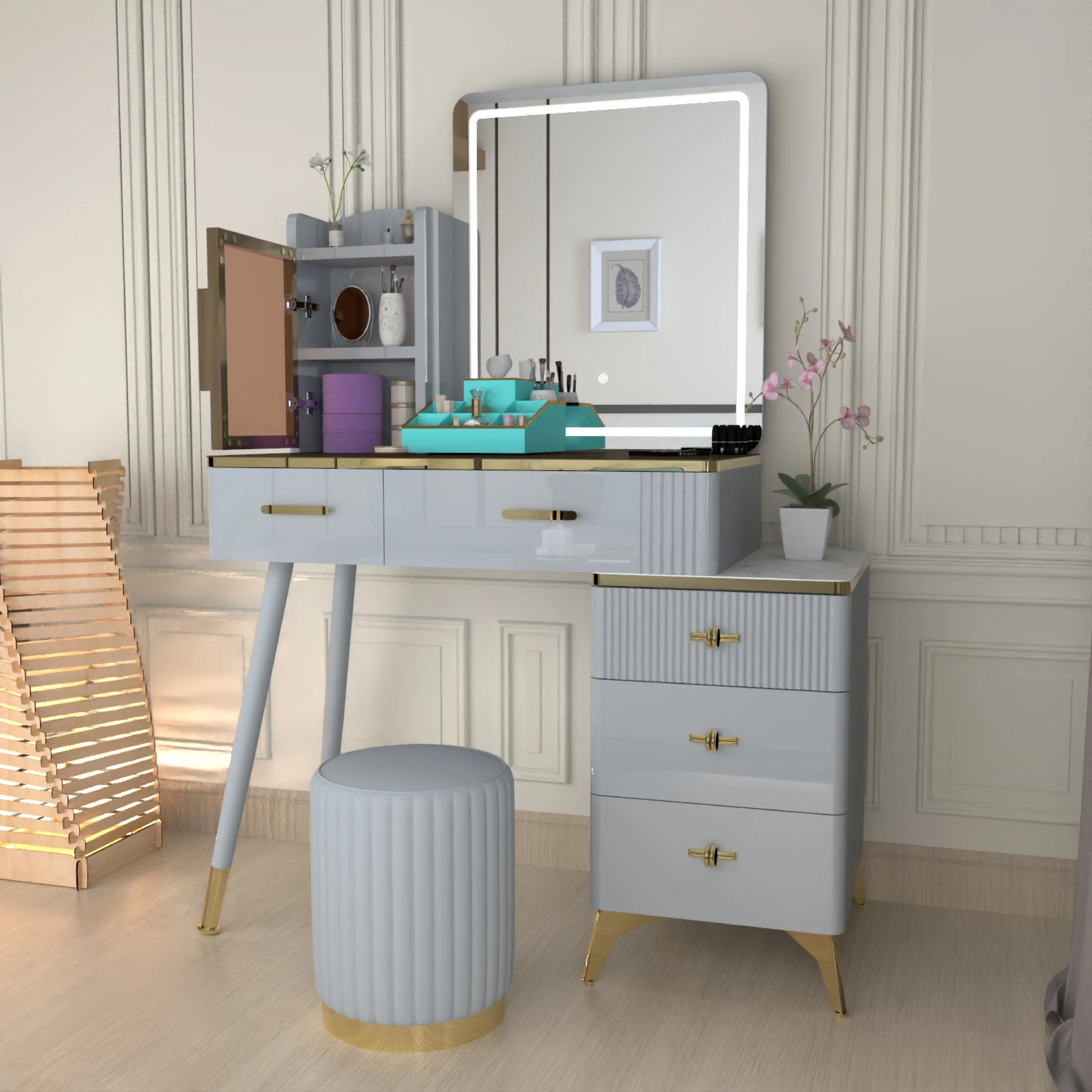 Urban Furnishing Modern Vanity Table with LED Lighted Mirror –  Wide Makeup Desk with Storage Cabinet