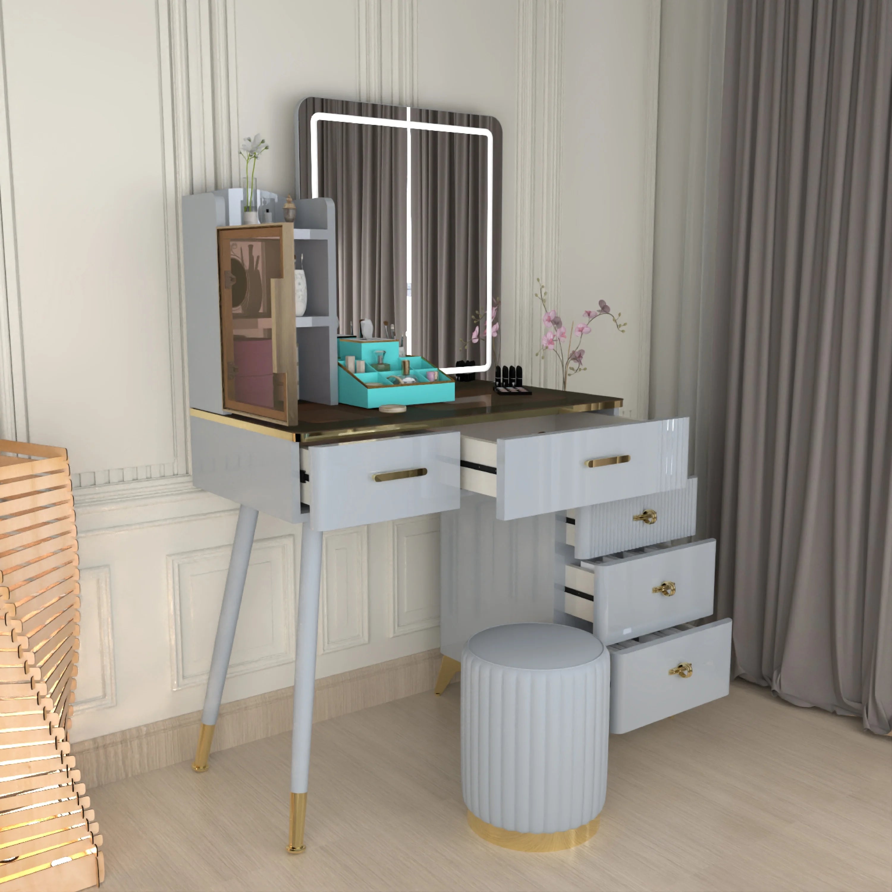 Urban Furnishing Modern Vanity Table with LED Lighted Mirror –  Wide Makeup Desk with Storage Cabinet