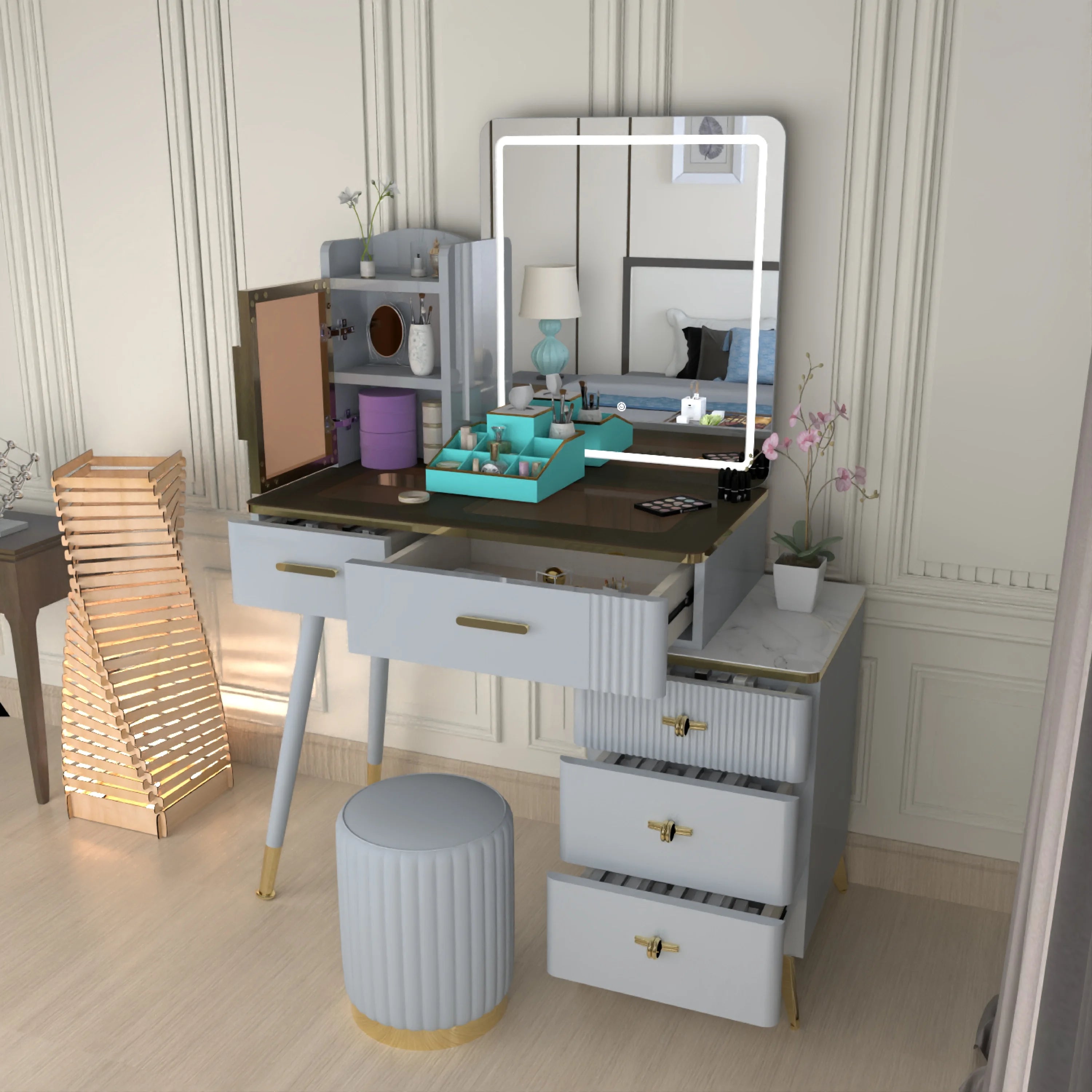 Urban Furnishing Modern Vanity Table with LED Lighted Mirror –  Wide Makeup Desk with Storage Cabinet