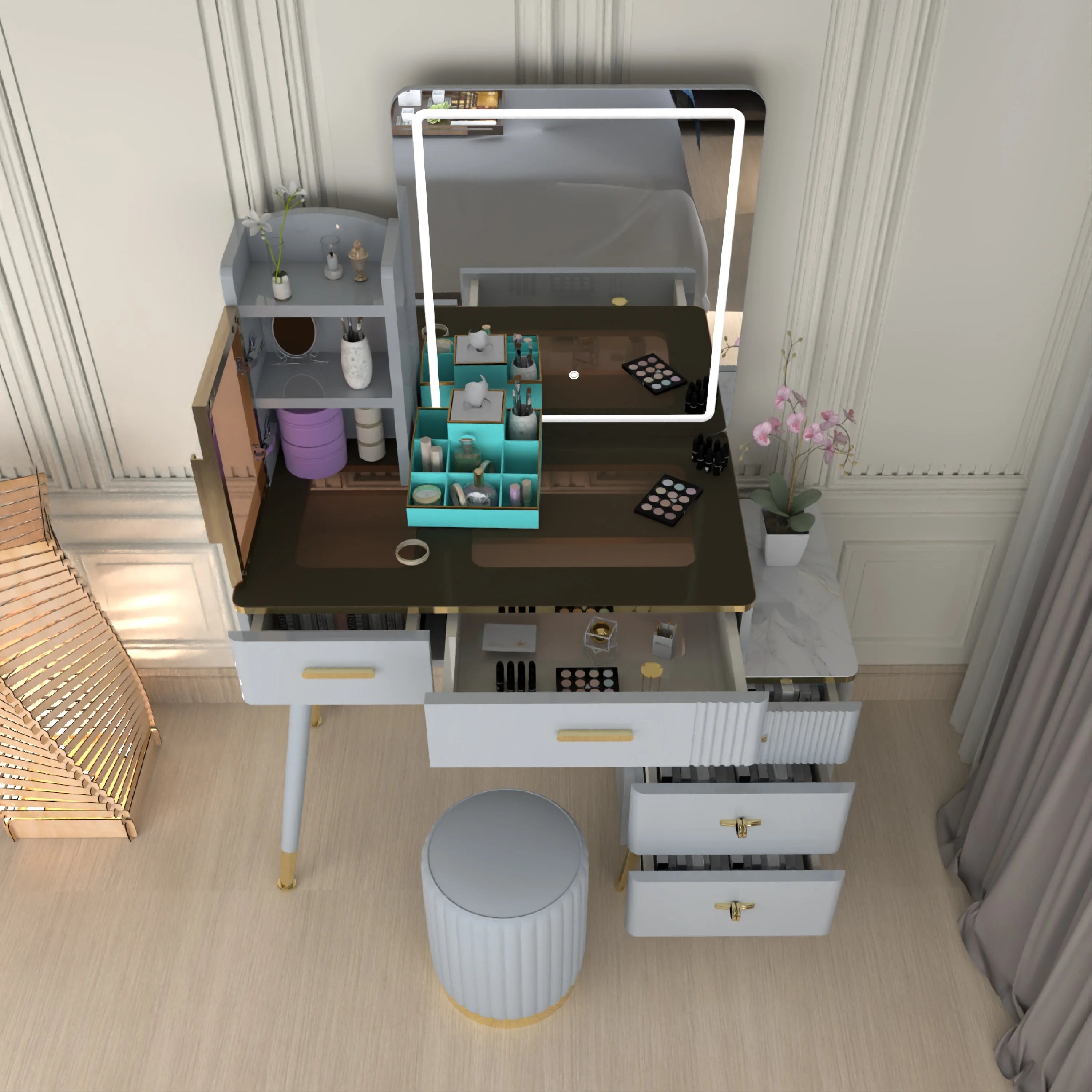 Urban Furnishing Modern Vanity Table with LED Lighted Mirror –  Wide Makeup Desk with Storage Cabinet