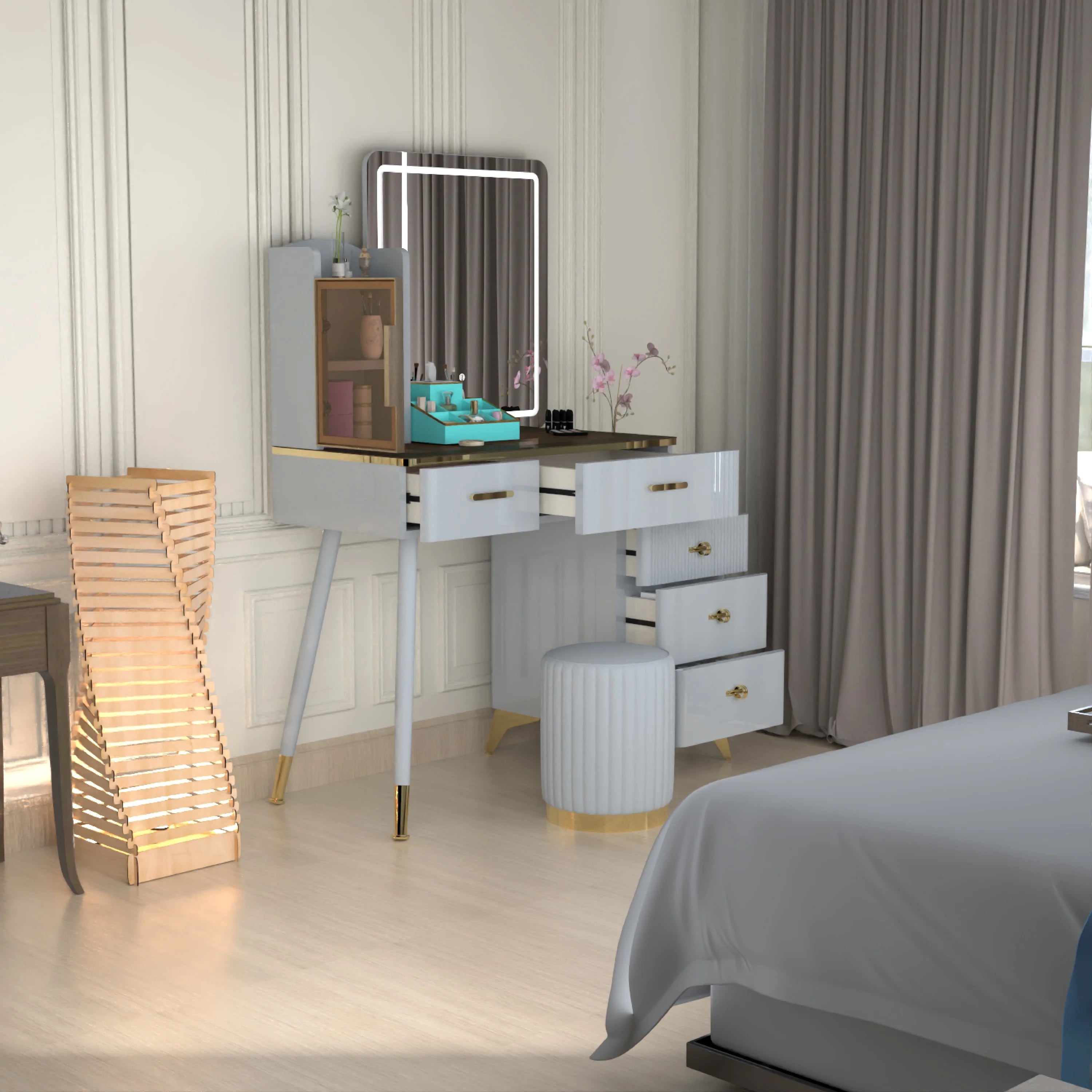Urban Furnishing Modern Vanity Table with LED Lighted Mirror –  Wide Makeup Desk with Storage Cabinet