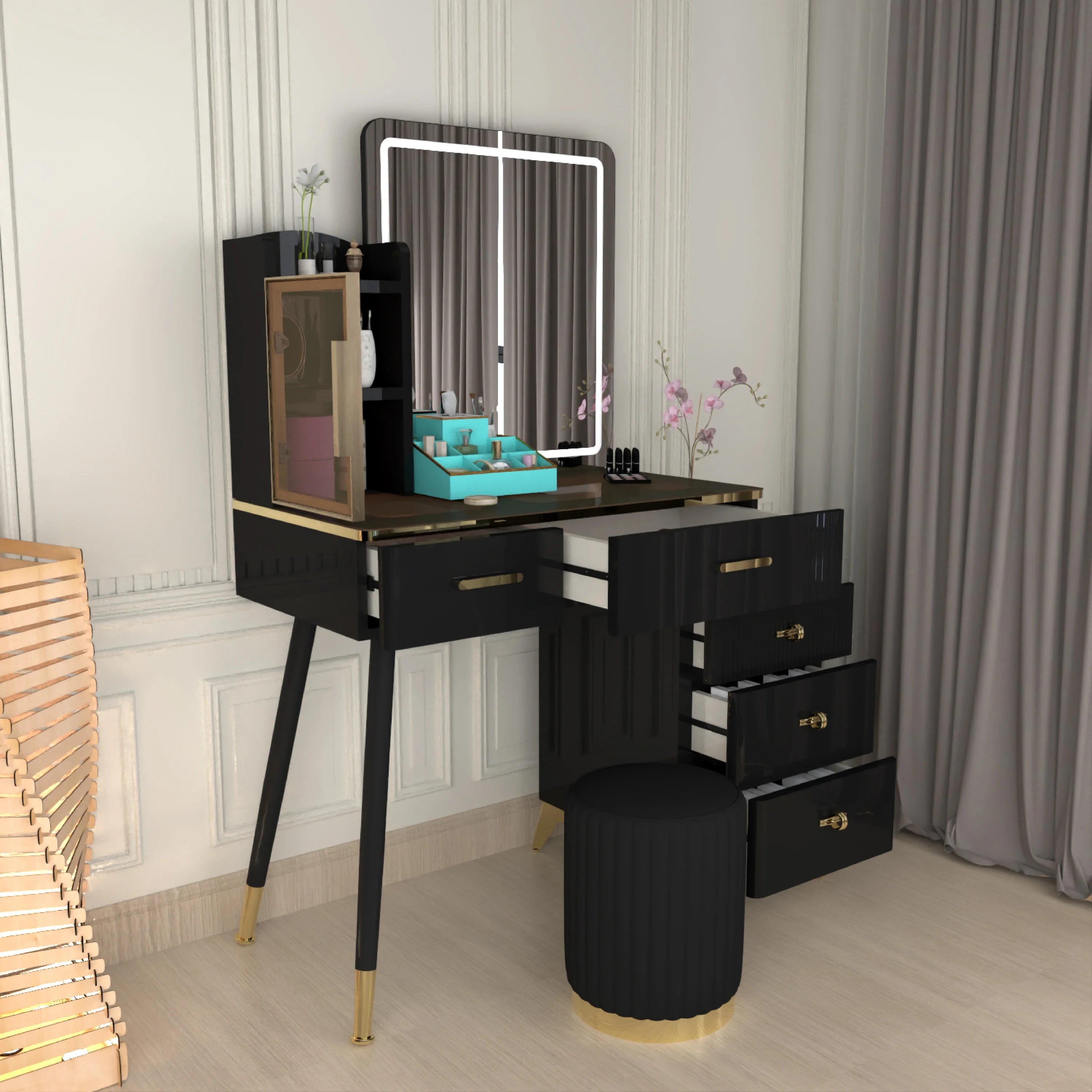 Urban Furnishing Modern Vanity Table with LED Lighted Mirror –  Wide Makeup Desk with Storage Cabinet