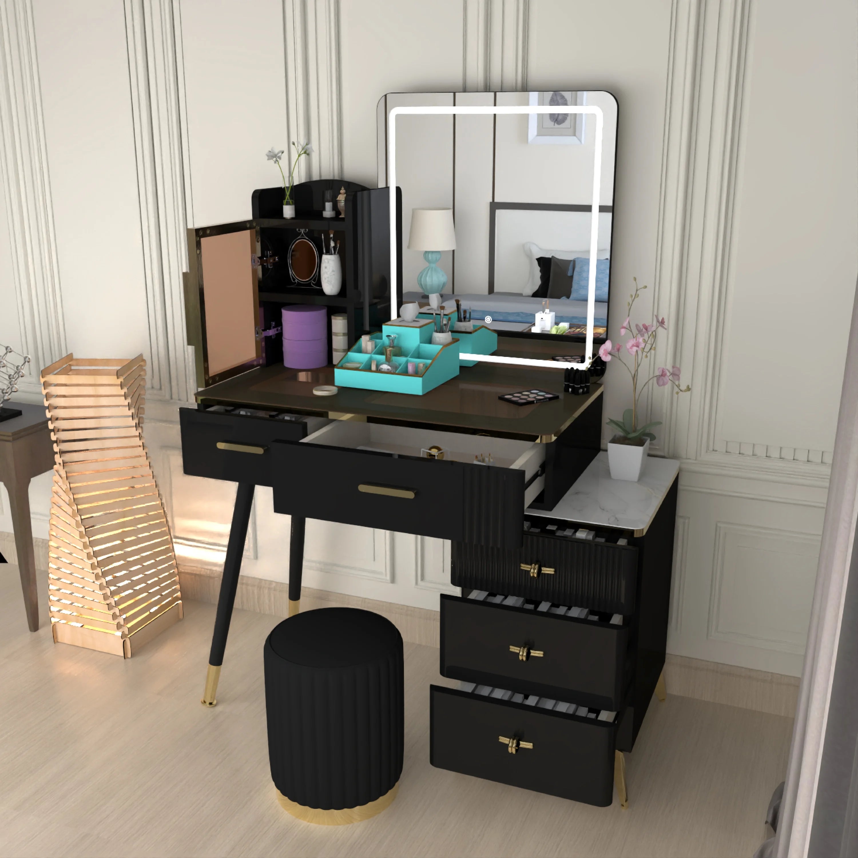 Urban Furnishing Modern Vanity Table with LED Lighted Mirror –  Wide Makeup Desk with Storage Cabinet