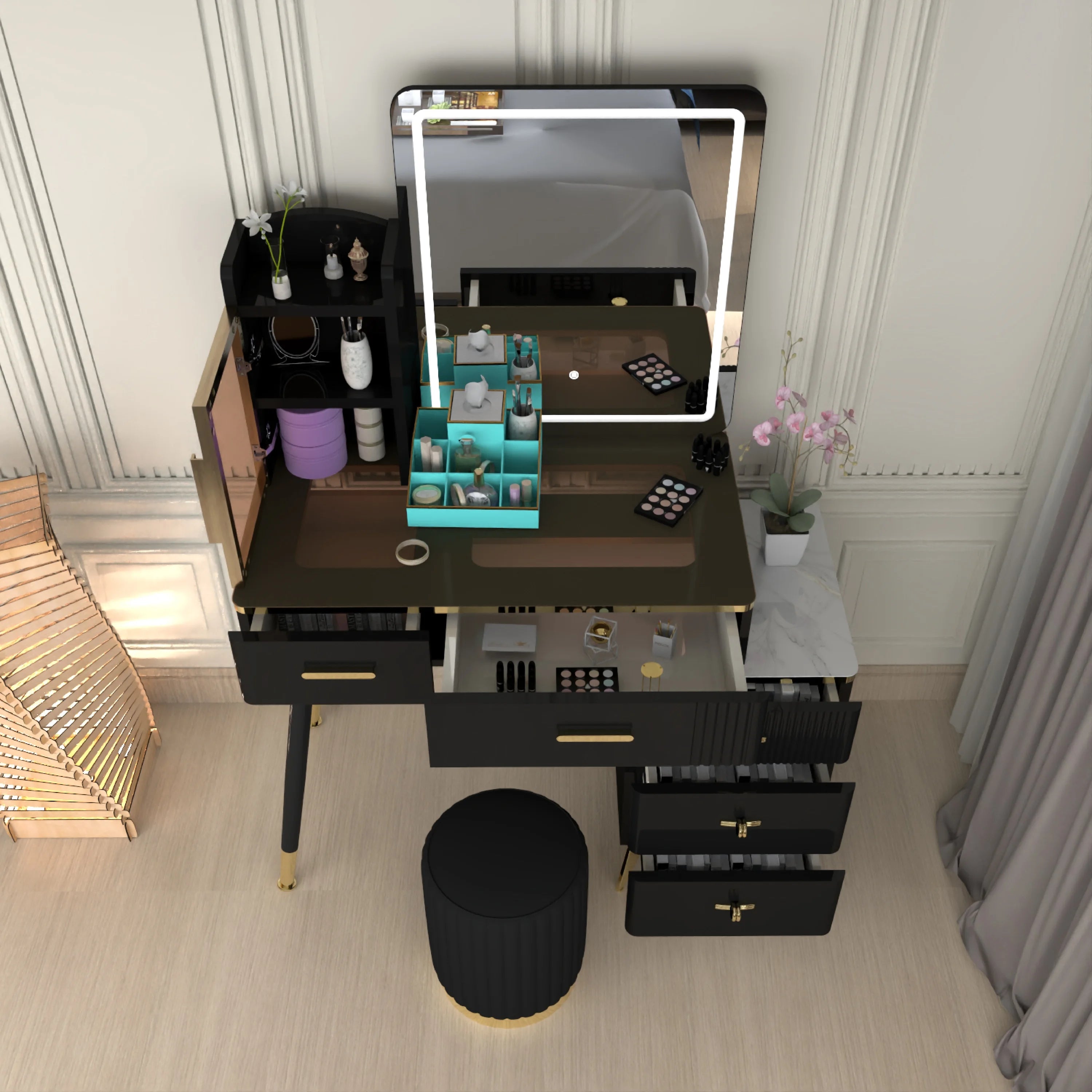Urban Furnishing Modern Vanity Table with LED Lighted Mirror –  Wide Makeup Desk with Storage Cabinet