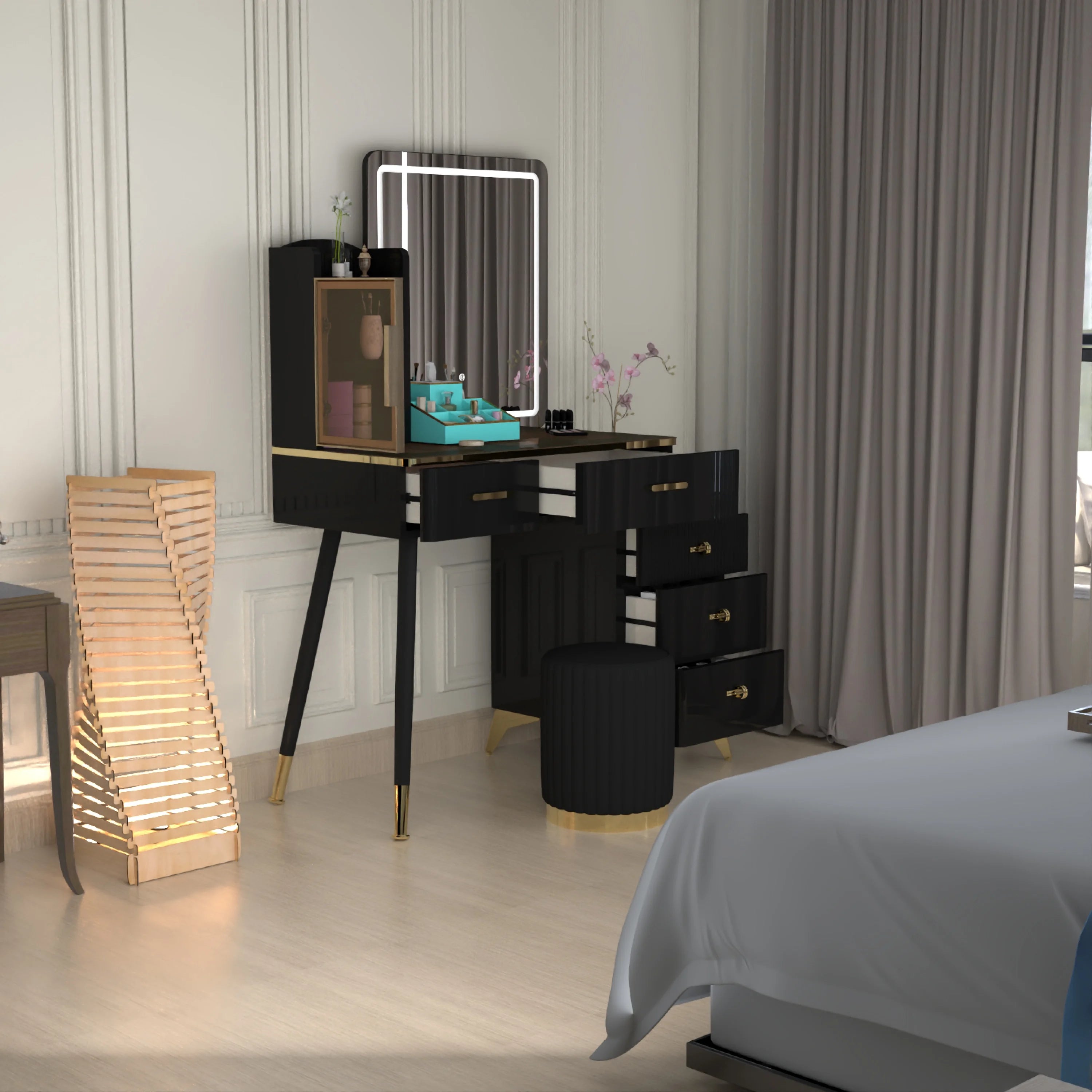 Urban Furnishing Modern Vanity Table with LED Lighted Mirror –  Wide Makeup Desk with Storage Cabinet