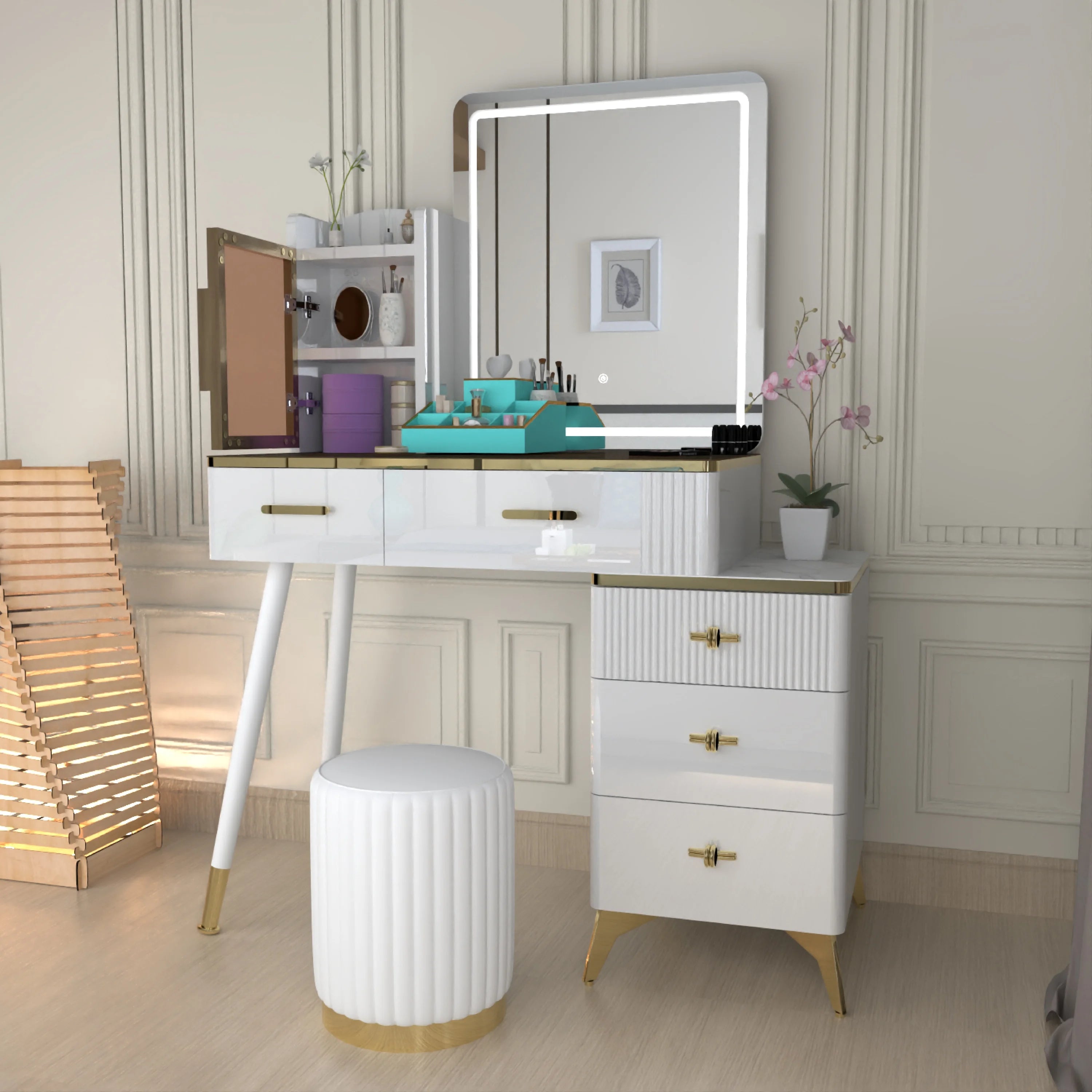 Urban Furnishing Modern Vanity Table with LED Lighted Mirror –  Wide Makeup Desk with Storage Cabinet