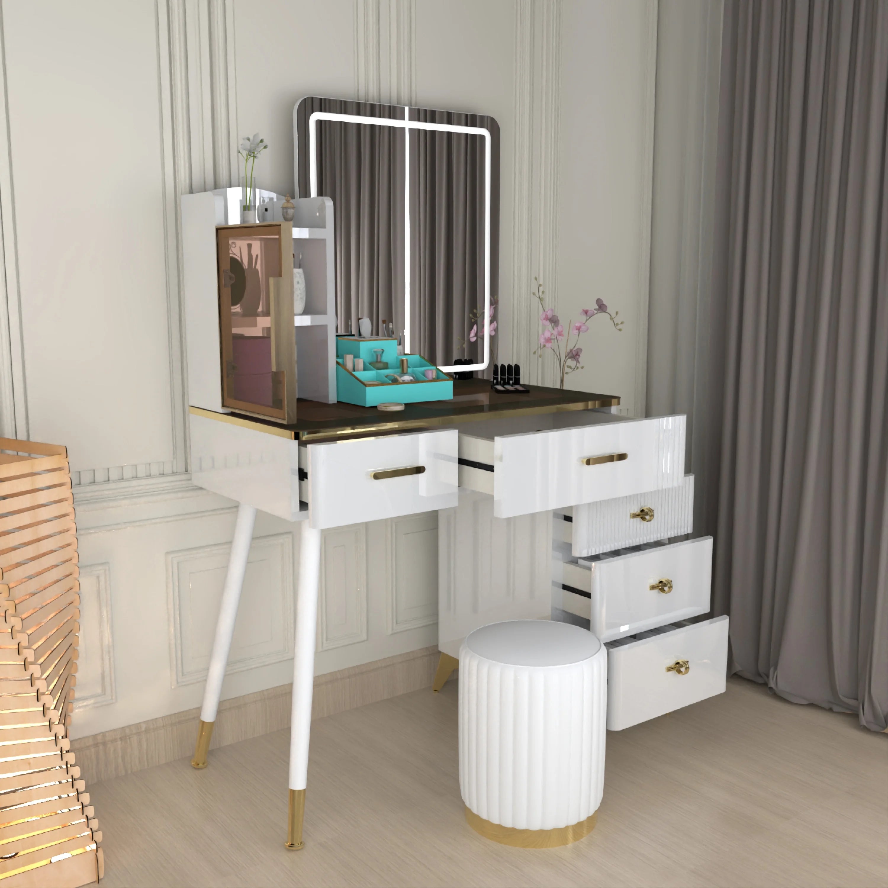 Urban Furnishing Modern Vanity Table with LED Lighted Mirror –  Wide Makeup Desk with Storage Cabinet