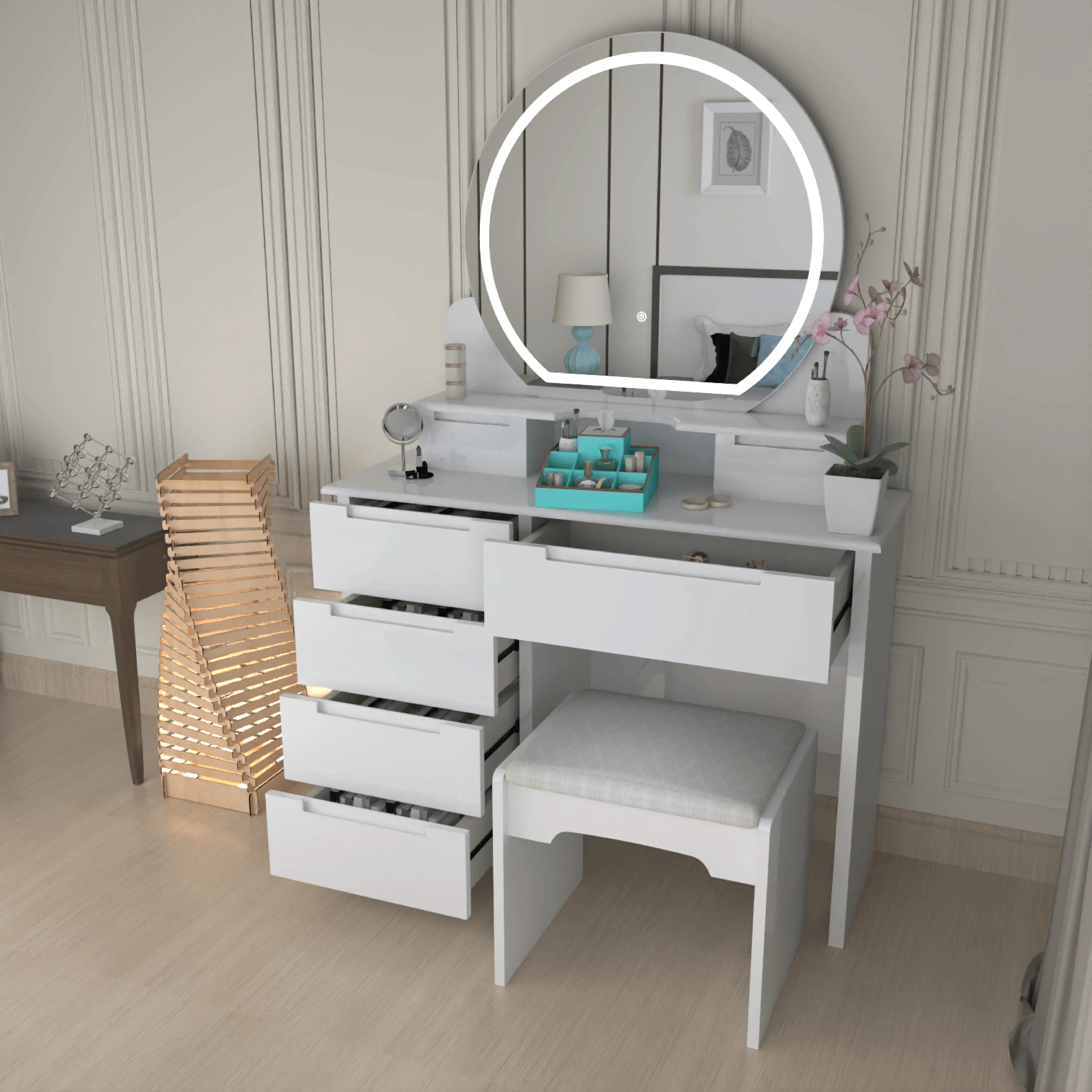 Glossique High Gloss Dressing Table with LED Mirror & Stool